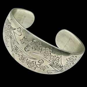 Vintage Kirk Stieff Narcissus Floral Pewter Wide Cuff Bracelet